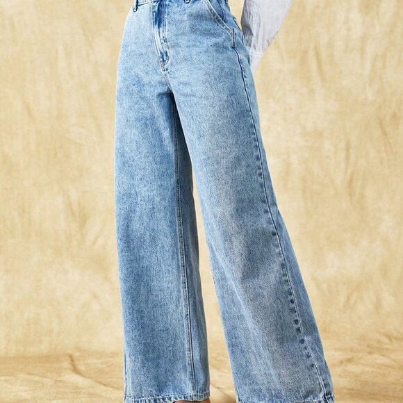 Light Wash Casual Womens Solid Wide Leg Jeans - Picture 5 of 5